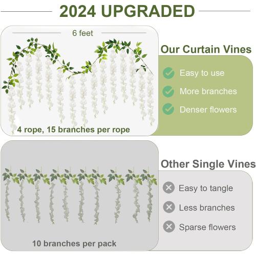 ZINHO 60 Branches Wisteria Hanging Flowers, 4PCS Artificial White Wisteria Flowers Garland for Wedding Arch Ceremony Party Garden Home Backdrop Decor
