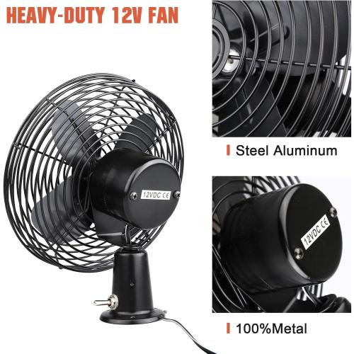 12V Portable Fan RV | Truck Cooling Heavy Duty 9 Metal Clip-On Car Fan Bus | Boat | Forklift | Car | Camper | Lawn | Mower | Tractor 2-Speed High Velocity Black