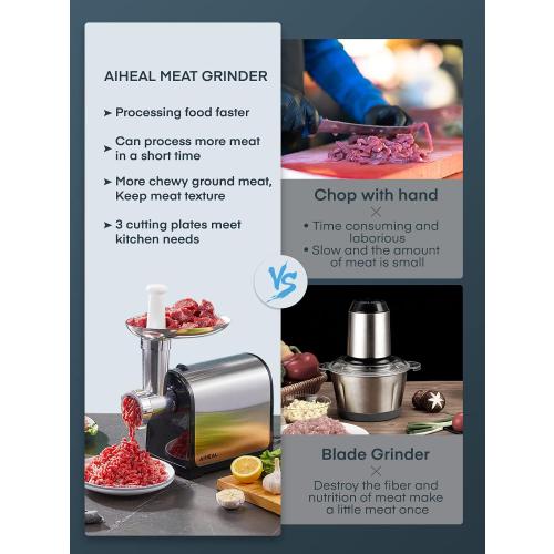 Electric Meat Grinder, Sausage Stuffer with 3 Sausage Tubes, 2 Blades, 3 Plates, 3200W Max, Meat Grinder Heavy Duty for Home Kitchen Use, Stainless Steel (Black)