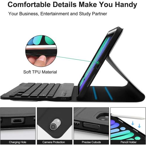 BORIYUAN iPad mini 7th Gen 2024 (A17 Pro) & iPad mini 6 Keyboard Case 2021, Detachable Wireless Keyboard, 7 Color Backlit, Slim Folio Cover with Pencil Holder for iPad mini 7th/6th Gen 8.3 inch Black