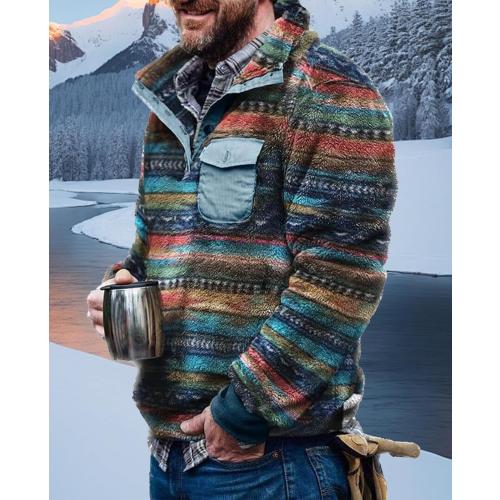 Mens XL Aztec Fleece Pullover Western Sweatshirt with Chest Pocket Button Collar Vintage Sweater Fuzzy Sherpa Aztec Jackets Tops