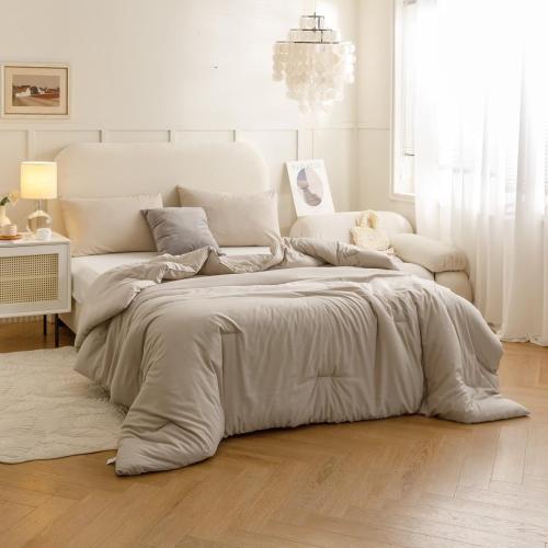 King size 104 x 96 Comforter Set Oatmeal, 3pcs(1 Boho Oatmeal Comforter & 2 Pillowcases) All Season Soft Bedding Lightweight Bedspread Blanket Quilt