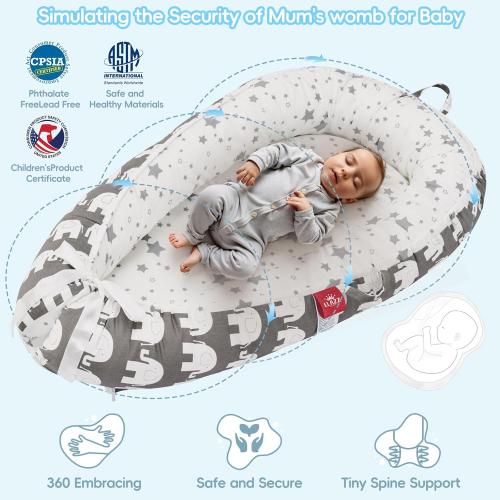 Baby Lounger, Newborn Lounger, Baby Nest Bed, Portable Baby Bed, Girl Boy Baby Essentials, Soft Breathable Portable Infant Lounger Essentials (Gray Elephant)