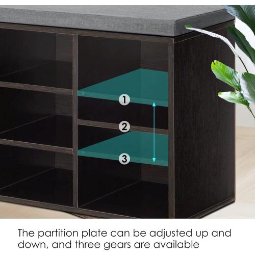 Shoe Bench with Cushion, Wood Shoe Storage Bench for Entryway with 10 Cubbies & Adjustable Shelves, Shoe Organizer Cubby Entry Bench Padded Bench Storage for Living Room, Hallway, Closet, Black