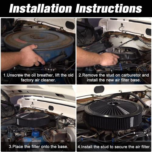 PTNHZ 14x3 Round Air Cleaner Filter Assembly w/Flow-Thru Lid Caburetor High Flow Compatible For Chevrolet GMC Ford