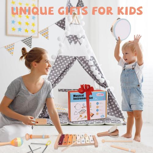 Baby Musical Instruments Set - Montessori Wooden 18 Month Old Baby Musical Toys, Toddler Percussion Instruments Xylophone Maracas Tambourine for Toddlers 1-3, 1 2 3 Year Old Girls Boys Birthday Gifts