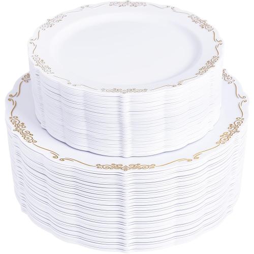 U-QE 100PCS Gold Plates Disposable - Heavy Duty White and Gold Plates Including 50PCS 10'' Dinner & 50PCS 7.5'' Dessert Plates Perfect for Upscale Party, Wedding