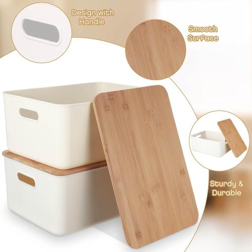 Suzile 6 Packs Plastic Storage Bins with Bamboo Lids Christmas Stackable Storage Containers for Xmas Decoration Ornaments Document Paper Organizing, with Labels and Marker(Multiple Size)
