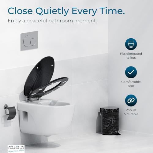 SANILO Wooden Toilet Seat with Soft Close [ELONGATED] - Decorative, Quiet & Slow Close Molded Wood Seat - With Strong Bumpers & Hinges - Adjustable Fit - Black Wood