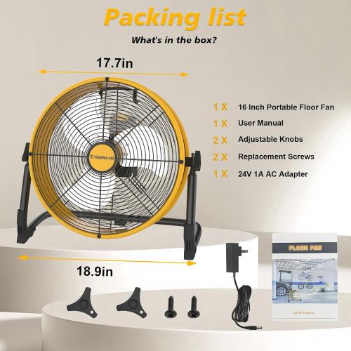 16 Battery Operated Floor Fan for Dewalt 20V Max Battery, Portable Fan with AC Adapter and USB Output, Metal Industrial High Velocity, Stepless Speed Cordless Fan for Jobsite Garage Camping Emergency