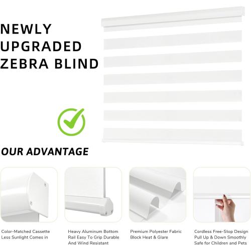 ChrisDowa Cordless Zebra Blinds for Windows, Dual Layer Free-Stop Light Filtering Window Roller Shades, Pull Down Privacy Zebra Shades for Home, Office, Bedroom, Door (35 W x 72 H, White)