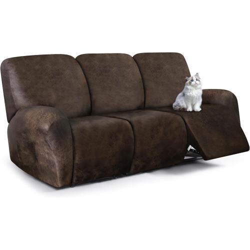 ANARACHON Leather Look Recliner Couch Cover, 8-Pieces Stretch Recliner Sofa Covers, Soft Reclining Slipcover, Washable Furniture Protector for Pets (3 Seater, Brown)