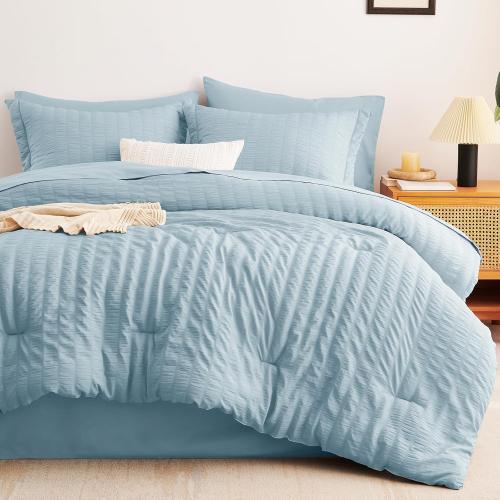 CozyLux King Size Comforter Set Light Blue Seersucker 7 Pieces Bed in a Bag King Comforter Set with Sheets, Luxury Bedding Set with Down Alternative Comforter, Sheets, Pillowcases & Shams All Seasons