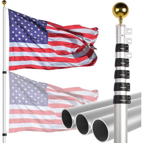 NELXINJO 20ft Telescopic Flag Pole - Extra Thick Outdoor Telescoping Flag Poles with 3x5 American Flag for Residential or Commercial,Silver