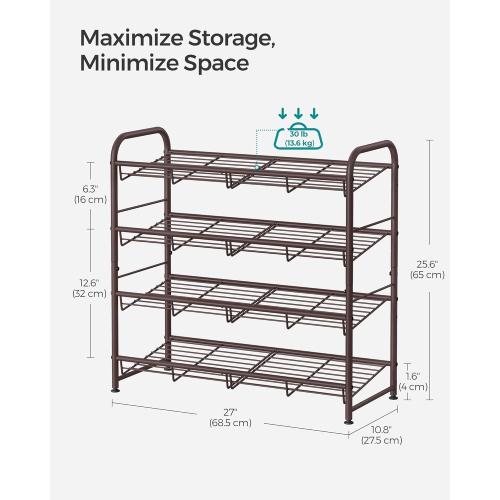 SONGMICS Stackable Shoe Rack, 4 Tier Metal Shoes Rack Storage Shelf, Holds up to 20 Pairs Shoes, Adjustable Slanted Shelves Tower Organizer for Closet Entryway Small Spaces, Bronze