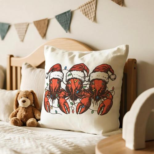 Christmas Beach Lobster Pillow Covers 18x18, Lobster Lover Gifts, Coastal Christmas Santa Hat Crawfish Decorative Throw Pillow Covers for Couch Sofa Bedroom Living Room Home