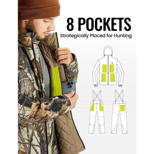 TIDEWE Hunting Clothes for Men with Face Mask, Silent Waterproof Hunting Jacket and Adjustable Bibs, Safety Strap Compatible