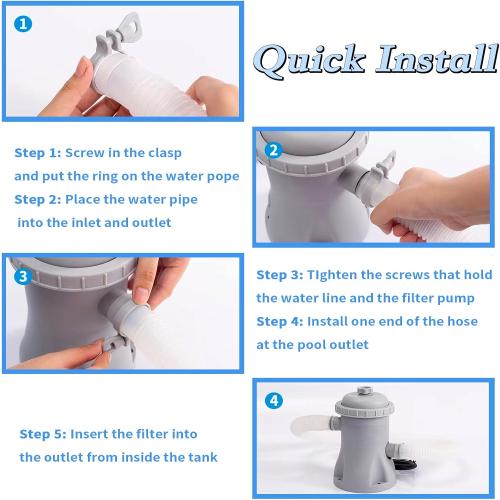 Filter Pump for Above Ground Pools, 330 GPH Filter for Inflatbale Pool, Flow Rate Pool Filter for Inflatable Swimming Pool Crystal Clear Filter Pump with 2 Filter Cartridges