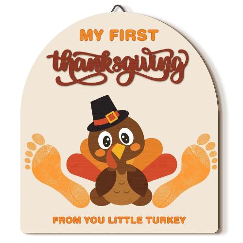 Thanksgiving Day Baby's First DIY Footprint Art Wooden Milestone Card Keepsake Little Turkey Sign Nursery Decorative Ornaments for Baby Shower Newborn Photoshoot Prop