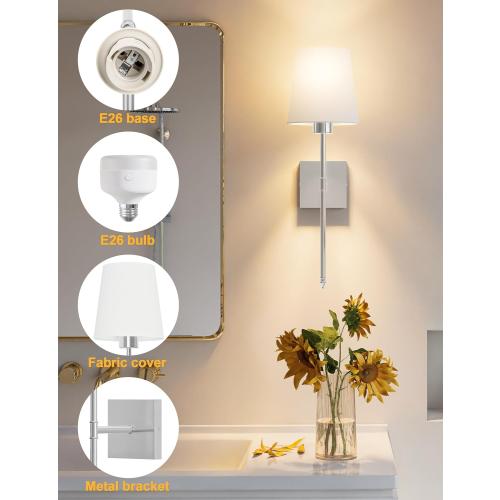 Battery Operated Wall Sconce Set of 2, Rechargeable Wall Lights with 5200 mAh Detachable Bulbs and Fabric Shade, 7 Color Dimmable Sconce Wall Decor for Bedroom, Living Room, Entryway (Silver)