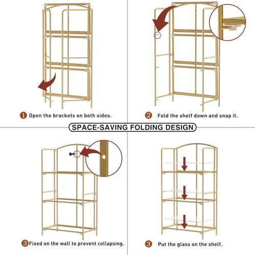 Crofy No Assembly Folding Bookshelf for Living Room, 3 Tier Gold Collapsible Book Shelf for Home Office, Portable Bookcase Storage Organizer
