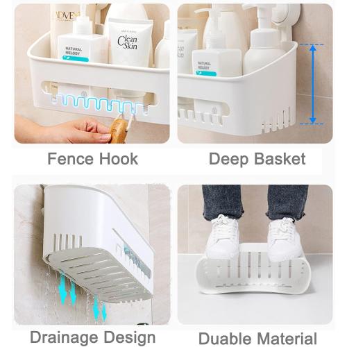 Plastic Shower Caddy Suction Cup Shower Organizer Basket Bath Shelf, Strong Suction Power Bathroom Caddies with Fence Hooks, Kitchen Rack, Waterproof, Oilproof, Reusable, for Shampoo, Gel