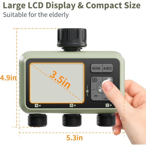 Diivoo 3 Zone Sprinkler Timer, Water Timer 3 Outlet for Garden Hose, Programmable Automatic Irrigation Timer IP54 with Rain Delay and Manual/Auto Mode Watering for Lawn, Yard, Pool, Green, HCT-378