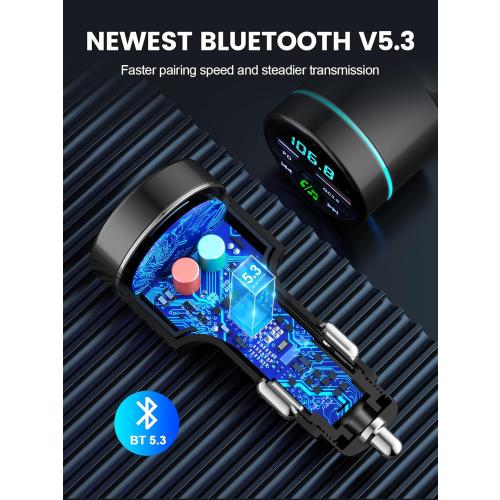 FM Transmitter for Car Bluetooth 5.3, [All-Metal] PD 30W & QC3.0 18W Fast Car Charger, Wireless FM Radio Car Kit Bluetooth Car Adapter, Noise Cancelling Hands-Free Call, Blue Light - Black