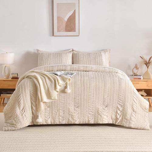 Size Queen  Beige Tufted Comforter  Queen Size Bed in a Bag，Shabby Chic Boho Bedding for Bedroom Comforter，All Season Soft Microfiber Ruffle Comforter