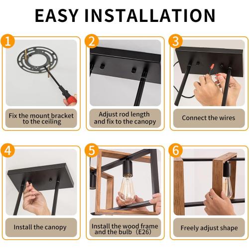 Dining Room Light Fixture Farmhouse Pendant Lights Kitchen Island Rustic Kitchen Light Fixtures 4 Lights Wood and Black Metal Rectangular Chandelier Ceiling Hanging Lighting 35.4