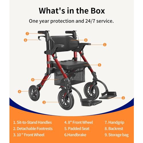 VOCIC Z51 Walker for Seniors, 2 in 1 Walker Wheelchair Combo, All Terrain | Foldable Rollator Transport Chair for Adults, Converts to Wheelchair with Detachable Footrests, Brakes&Pouch, Red