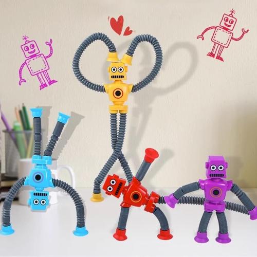 Set of 4 Valentines Day Gift for Kid Toddlers Boy Year Old Age 3 4 5 6 7 8, Set of 4 Flexible Fidget Toys, Telescopic Suction Cup & Pop Tube Robot, Autistic Easter Basket Christmas Stocking Stuffers