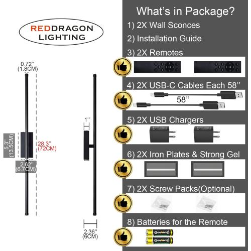 Easy Install Peel and Stick on Battery Operated Wall Sconces Set of 2 Rechargeable, Magnetic Linear Wall Sconce Wireless Long Picture Vanity Wall Light for Living Room Bedroom (2 Pack, 28.3'', Black)