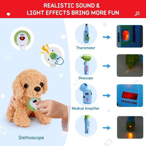 Meland Toy Doctor Kit for Kids - Pretend Play Doctor Set with Dog Toy, Carrying Bag, Stethoscope Toy & Dress Up Costume - Doctor Play Gift for Kids Toddlers Ages 3 4 5 6 Year Old for Role Play