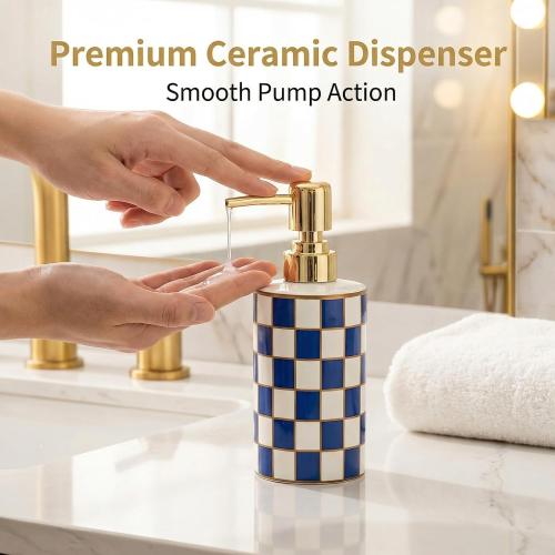 Blue and White Checkered Ceramic Soap Dispenser, Cute & Durable for Bathroom, Ideal Checkered Bathroom Decor