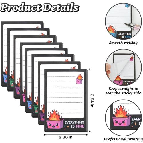 Dumpster On Fire Desk Accessories - 8 PCS Cute Sticky Notes   8PCS Ballpoint Pens, It's Fine I'm Fine Everything is Fine,Memo Notes Funny Office Gifts for Women Men Coworkers