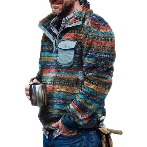 Mens XL Aztec Fleece Pullover Western Sweatshirt with Chest Pocket Button Collar Vintage Sweater Fuzzy Sherpa Aztec Jackets Tops