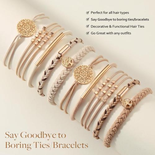 10 Boho Bracelets, Braided & Stretch Hair Ties for Thick/Thin Hair, 5 Styles, Light Coffee Colors - No Damage Ponytail Holders