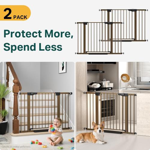 Cumbor 2 Pack 30-46 Baby Gate for Stairs, Auto Close Dog Gate Indoor Brown | Easy Install Pressure Mounted Pet Gates for Doorways, Easy Walk Thru Wide Safety Gate for Dog-Mom's Choice Awards Winner