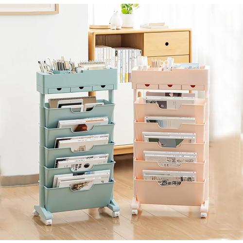 Movable Bookshelf with Wheels, 6 Tier Rolling Bookshelf Cart, Portable Bookshelf on Wheels, Moveable Bookshelf Cart for Kitchen Bathroom Bedroom Office, Mobile Book Shelf Organizer(Blue)
