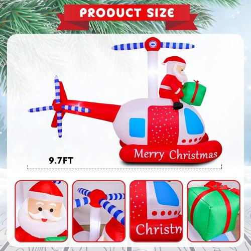 9.7 FT Christmas Inflatables Santa Helicopter Outdoor Decorations, Blow Up Santa Claus Flying Airplane with Gift Bag and Built-in LED Lights, Xmas Yard Lawn Garden Home Holiday Party Decor