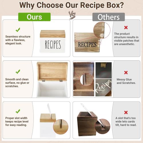 Dahey Wooden Recipe Box White Recipe Organizer with 100 Recipe Cards and 6 Dividers, Recipe Card Holder Box Set with Lid and Slots to Write in Your Own Recipes for Cooking Lover Kitchen, 6.9''x4.3''