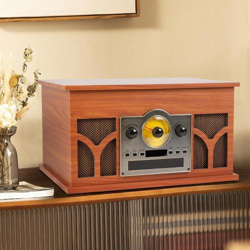 10-in-1 Vinyl Record Player with Built-in Speakers Wireless Playback, CD & Cassette Player, USB Player, AM/FM Radio, 33/45/78 Speed Turntable Mahogany