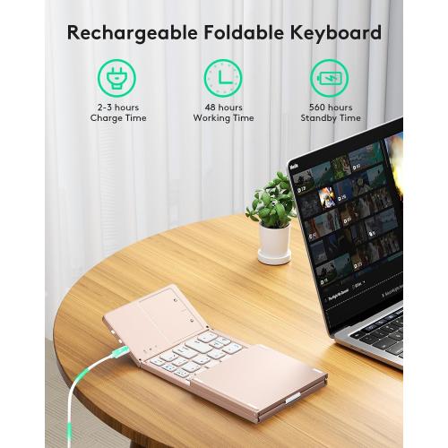Samsers Foldable Bluetooth Keyboard with Touchpad - Portable Wireless Keyboard with Holder, Rechargeable Full Size Ultra Slim Pocket Folding Keyboards for Android Windows iOS Tablet & Laptop - Pink