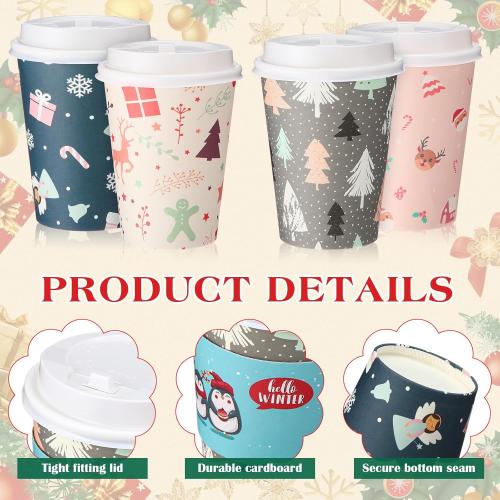 Yungyan  12 oz Christmas Disposable Coffee Cups with Lids and Sleeves Insulated Paper Coffee Cups with Dome Lids and Sleeves for Christmas Hot Chocolate Party Supplies(Lovely)