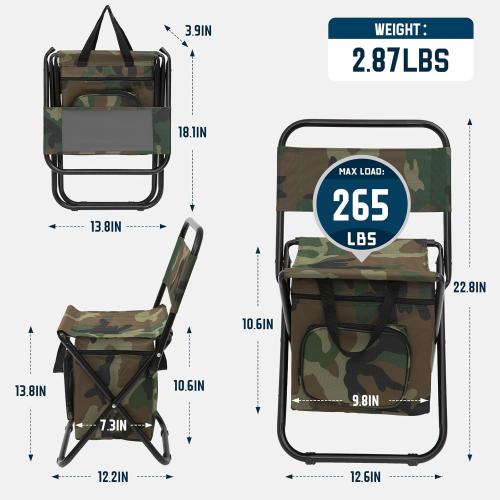 FUNDANGO Portable Fishing Chair, Lightweight Backrest Stool Compact Folding Chair with Cooler Bag for Outdoors Hiking Hunting Travel, Supports 265 Lbs