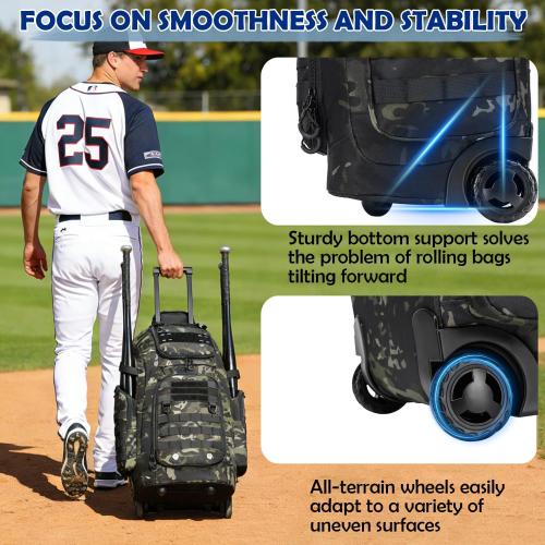 Rolling Baseball Bag with Wheels, Softball Catchers Gear Bags for 4 Bats, Portable Baseball Catcher Bag with Shoe Compartment, Holds All Softball Baseball Equipment