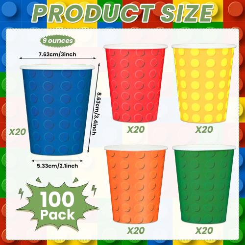 100pcs Building Blocks Party Paper Cups Colorful Blocks Bricks Disposable Cups for Block Party Decorations Building Bricks Paper Drinking Cups for Building Block Birthday Party Supplies and Favors