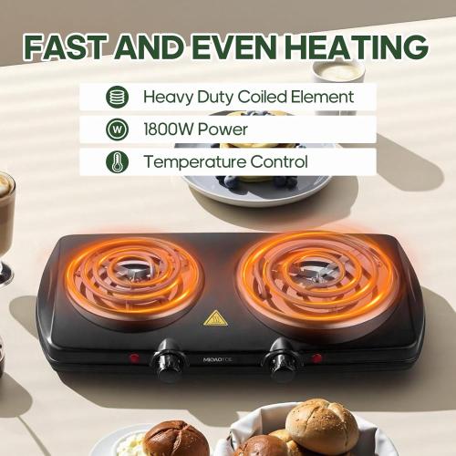 Double Burner Hot Plate Electric, 1800 Watts Electric Burner with 5.2 & 6 Coiled Element, Adjustable Temperature, for Dorm, Office, Home, Camp, Compatible for All Cookwares