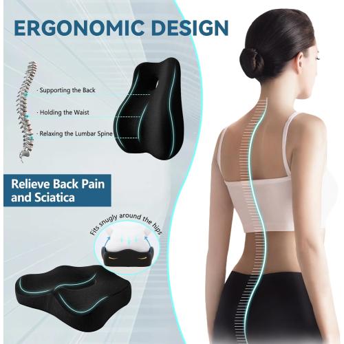 Seat Cushion & Lumbar Support Pillow Set for Office Chair, Ergonomic Pillow for Sciatica Pain Relief, Memory Foam Back Support Pillow & Chair Cushion for Car seat, Desk Chair (Black)